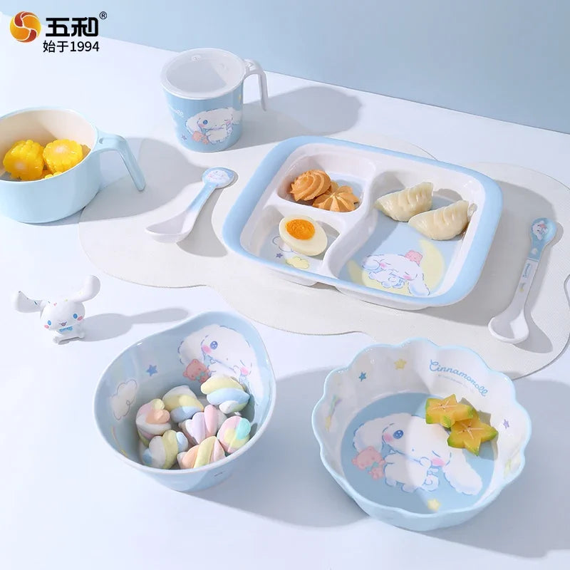 For Sanrio Cartoon Tableware Cinnamoroll Eating Plate Anti Scald Bowls Saucer Cup Spoon Baby's Complementary Food Tableware