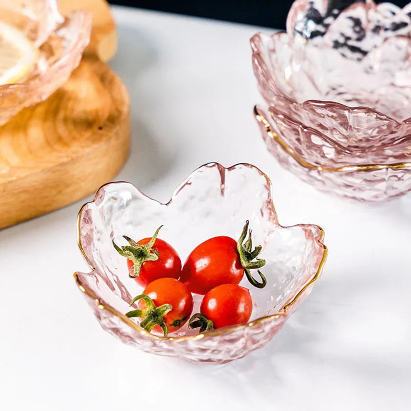 3pcs Cherry Blossom Sauce Dishes Small Glass Dish Sauce Bowl Nodic Gold Inlay Ice Cream Small Dinner Plates Kitchen Supplies