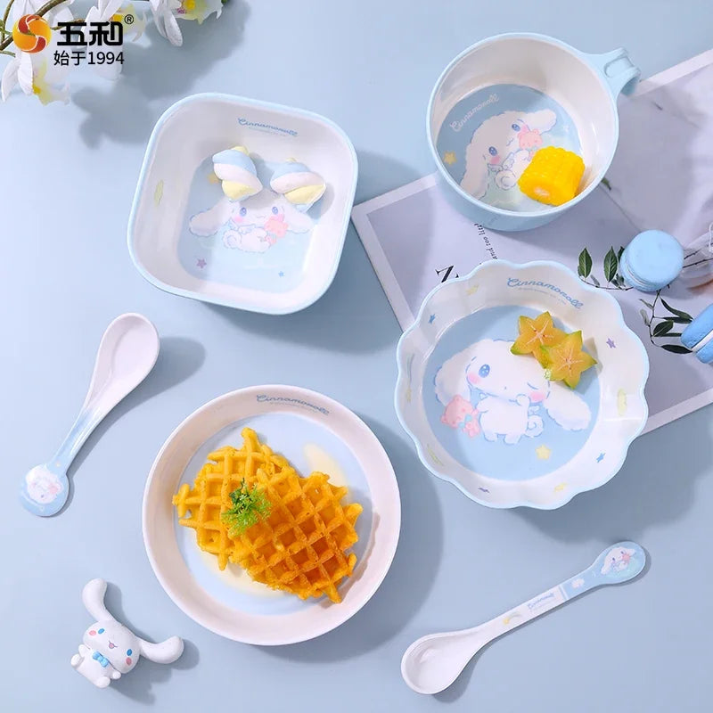 For Sanrio Cartoon Tableware Cinnamoroll Eating Plate Anti Scald Bowls Saucer Cup Spoon Baby's Complementary Food Tableware